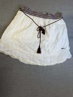 Lee Cooper White Boho Mini Skirt with Embroidered Waistband and Tassel Belt
